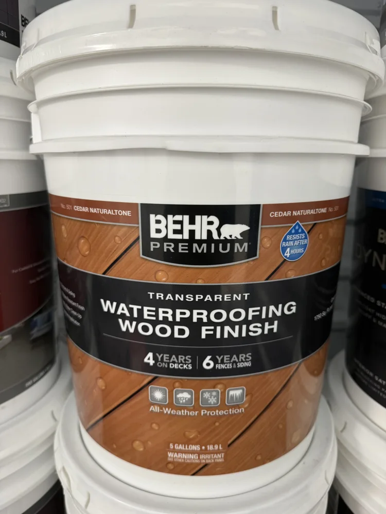 BEHR Wood Finish — Cedar Naturaltone · Transparent, actual 5 gallon bucket