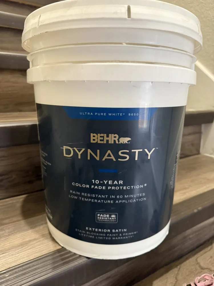 BEHR Dynasty — Ultra Pure White · Exterior satin, actual 5 gallon bucket