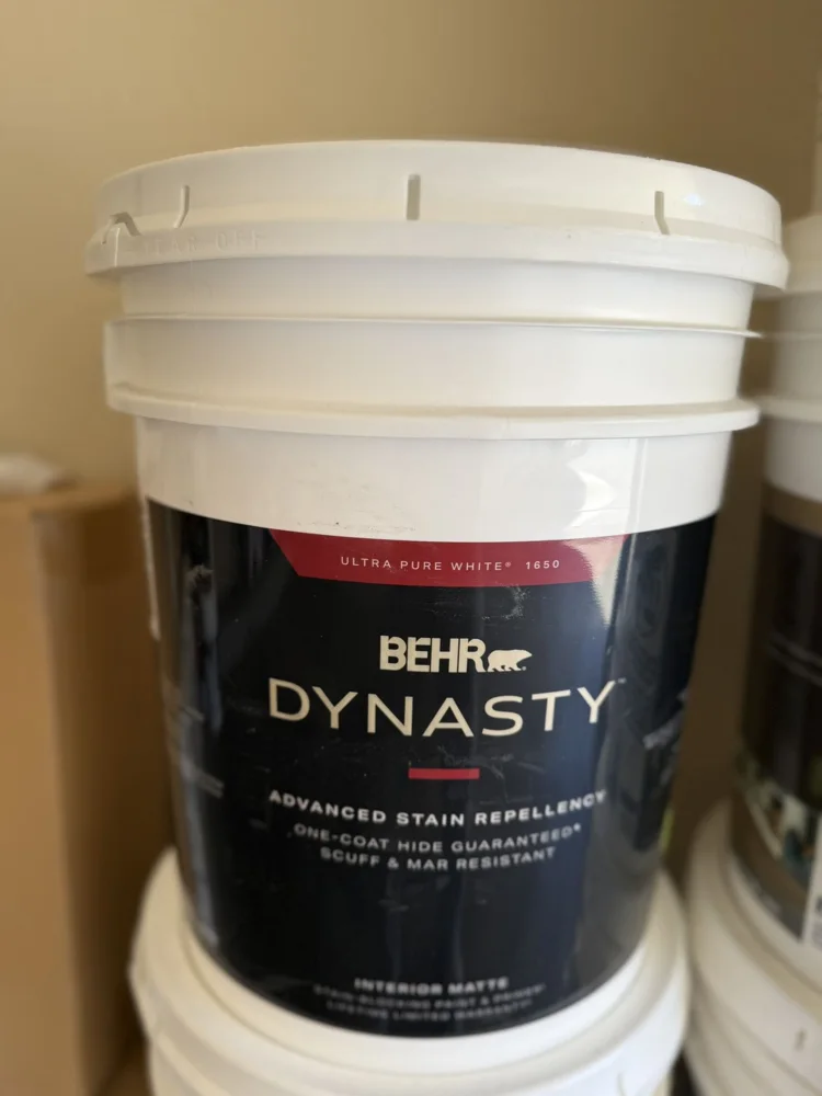 BEHR Dynasty — Ultra Pure White · Interior matte, actual 5 gallon bucket