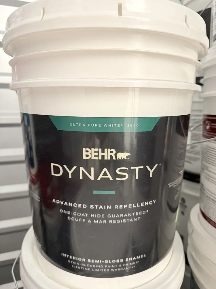 BEHR Dynasty — Ultra Pure White · Interior semi-gloss, actual 5 gallon bucket