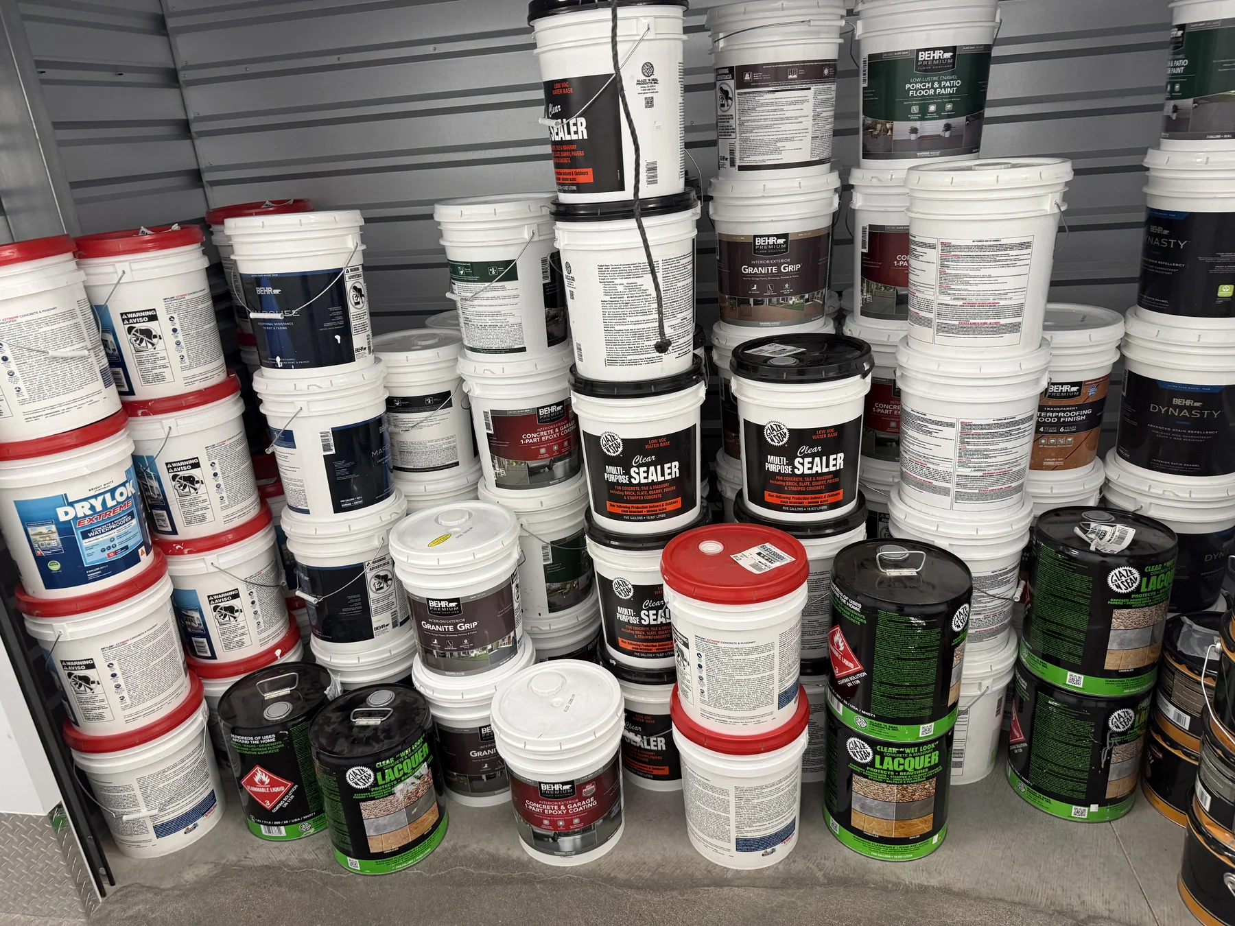 Sam’s actual inventory of sealed BEHR, KILZ and coating buckets