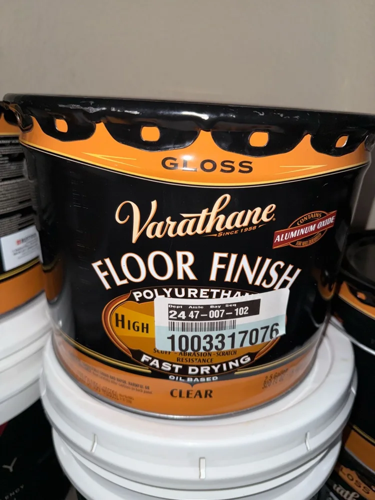 Varathane — Clear gloss · Oil-based floor polyurethane, actual 2.5 gallon bucket